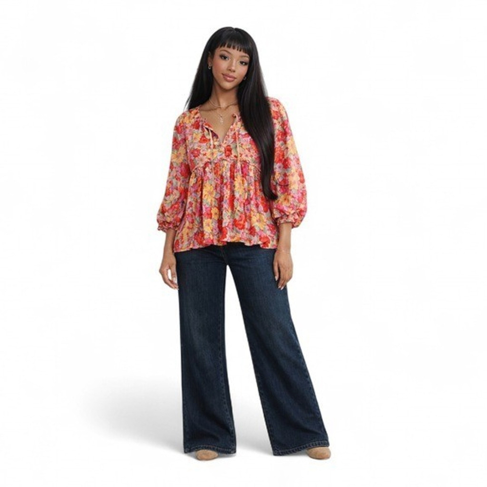 VICI Floral Babydoll Puff Sleeve Tie Neck Blouse Size L